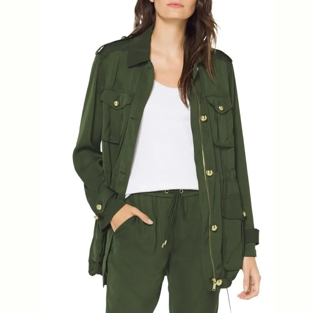 New! MICHAEL KORS Women's Lightweight Utility Jacket Drawstring Waist Jade Green